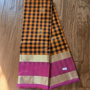 Vibrant Orangish Yellow &Black Checks Pure Katan Silk Sari With Pink Border& BP
